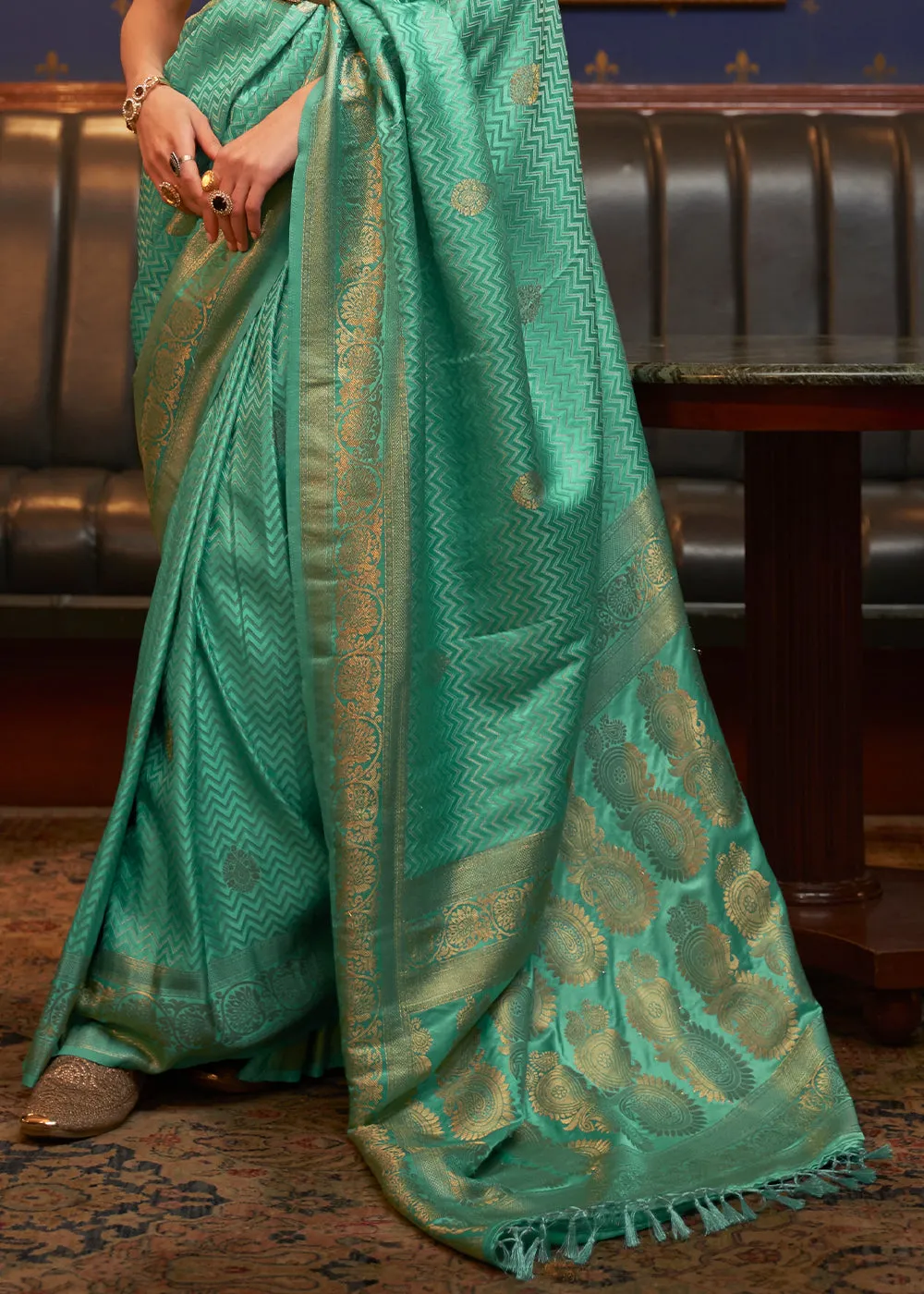 Caribbean Green Designer Satin Silk Saree