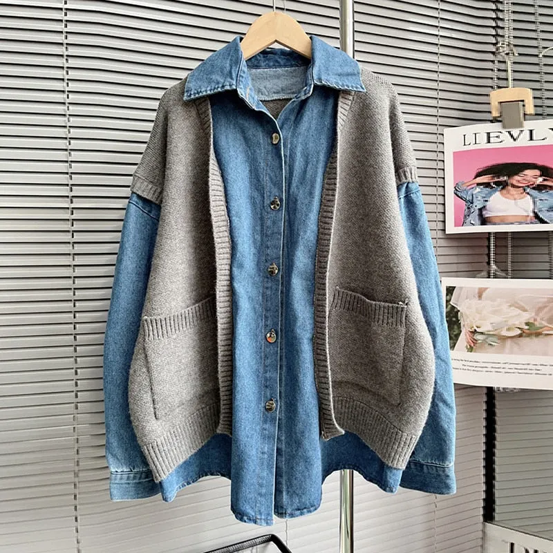 Casual Patchwork Denim Jacket For Women Lapel Long Sleeve Colorblock Streetwear Jackets Female Autumn Clothing