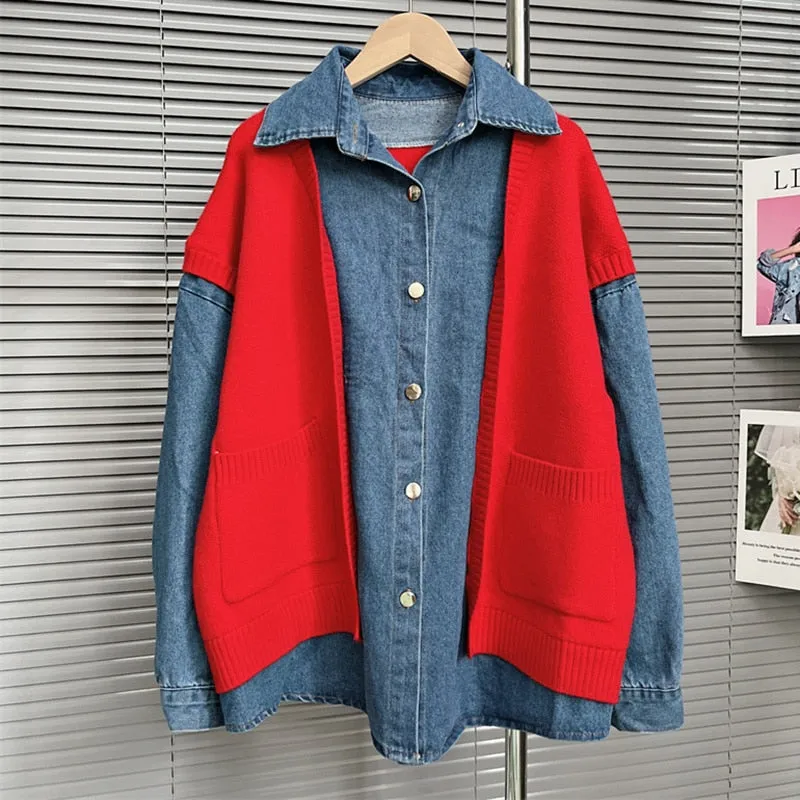 Casual Patchwork Denim Jacket For Women Lapel Long Sleeve Colorblock Streetwear Jackets Female Autumn Clothing