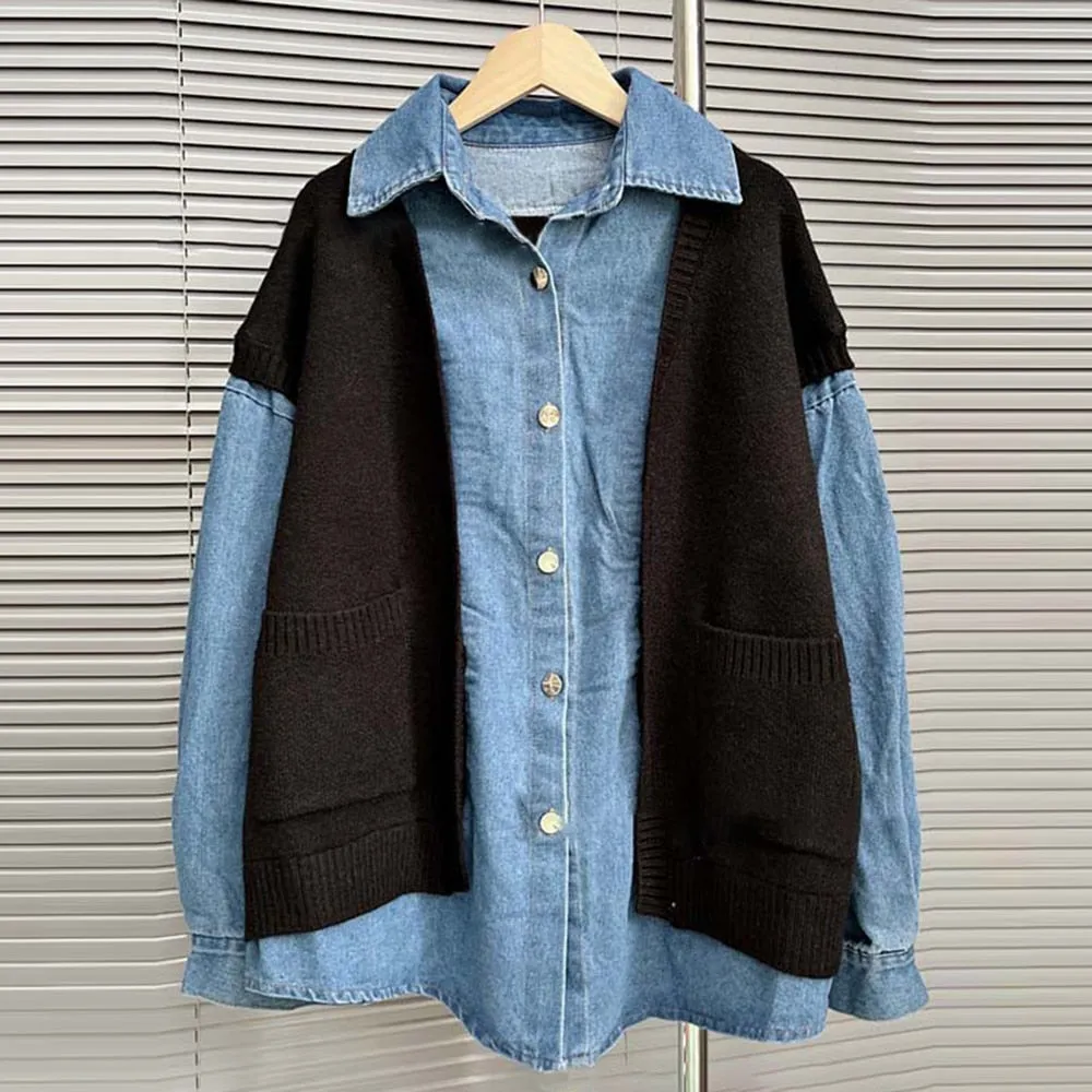 Casual Patchwork Denim Jacket For Women Lapel Long Sleeve Colorblock Streetwear Jackets Female Autumn Clothing