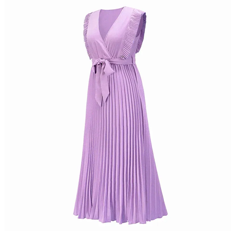 Casual Wrap V Neck Ruffle Sleeve Pleated Tie Waist Mini Casual Summer Dress