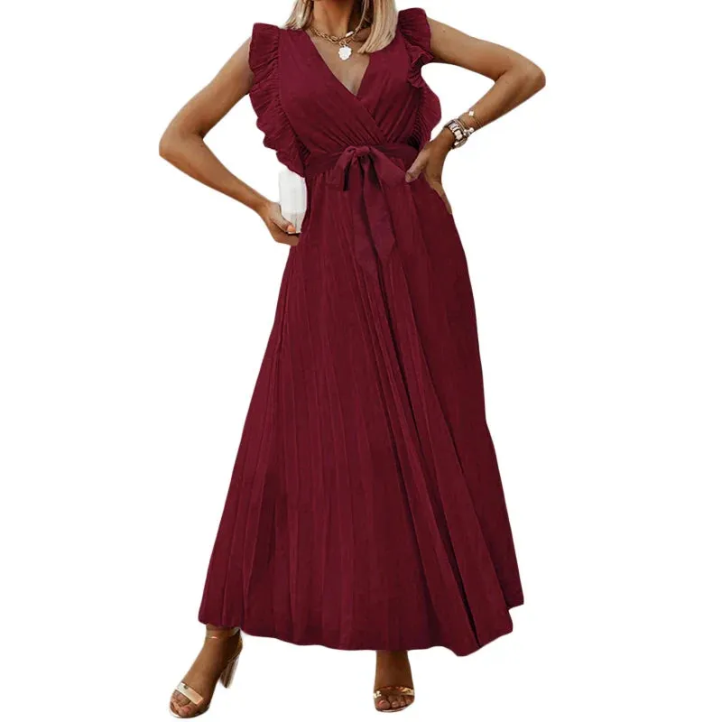 Casual Wrap V Neck Ruffle Sleeve Pleated Tie Waist Mini Casual Summer Dress