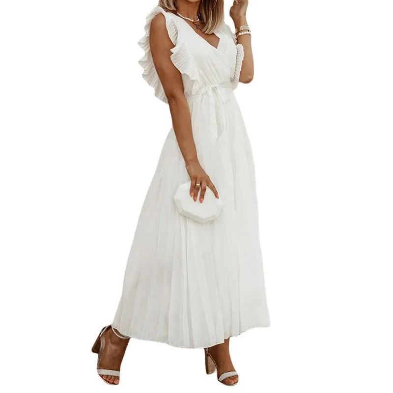 Casual Wrap V Neck Ruffle Sleeve Pleated Tie Waist Mini Casual Summer Dress