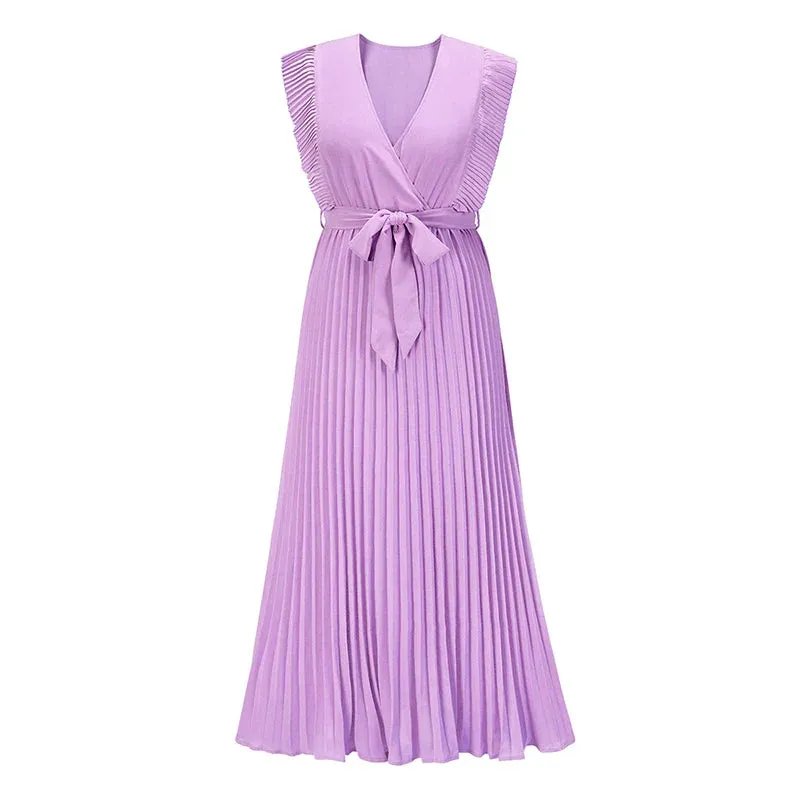 Casual Wrap V Neck Ruffle Sleeve Pleated Tie Waist Mini Casual Summer Dress