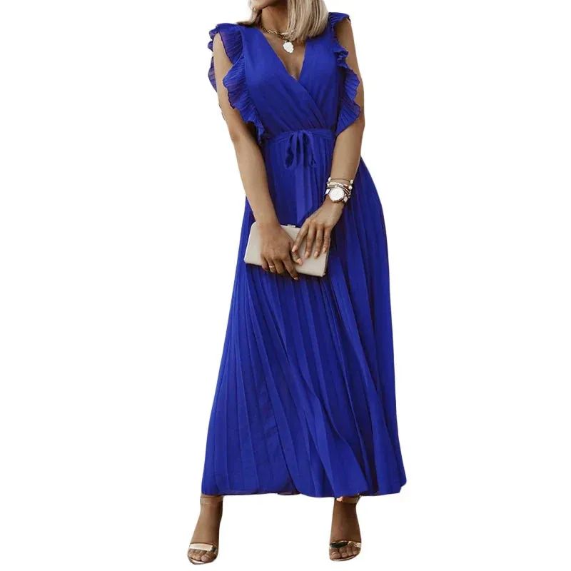 Casual Wrap V Neck Ruffle Sleeve Pleated Tie Waist Mini Casual Summer Dress