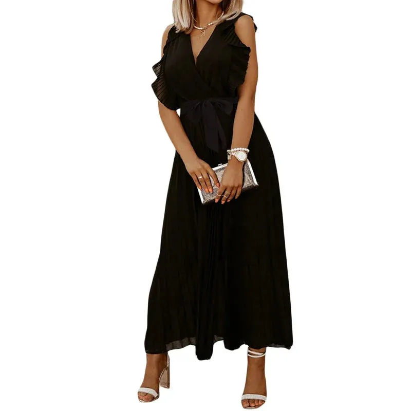 Casual Wrap V Neck Ruffle Sleeve Pleated Tie Waist Mini Casual Summer Dress