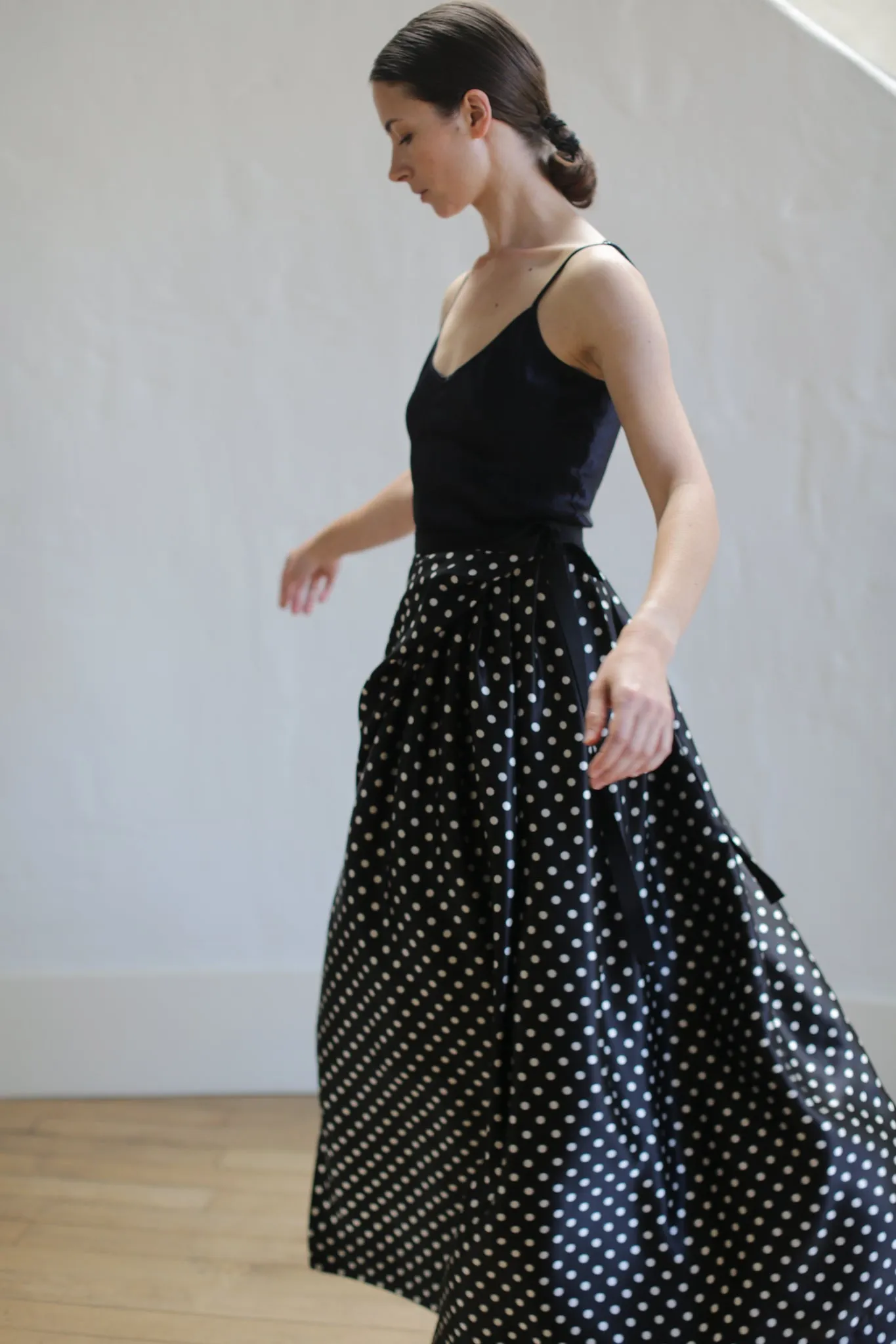 Charmeuse Pleated Long Wrap Skirt | B/W Polkadot