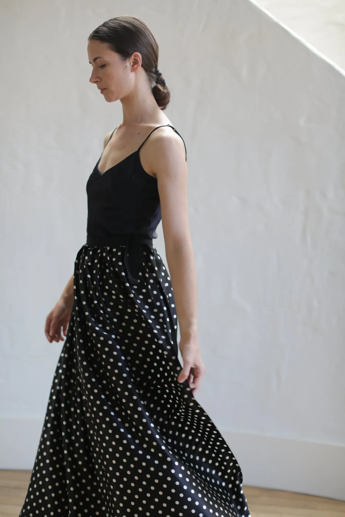 Charmeuse Pleated Long Wrap Skirt | B/W Polkadot