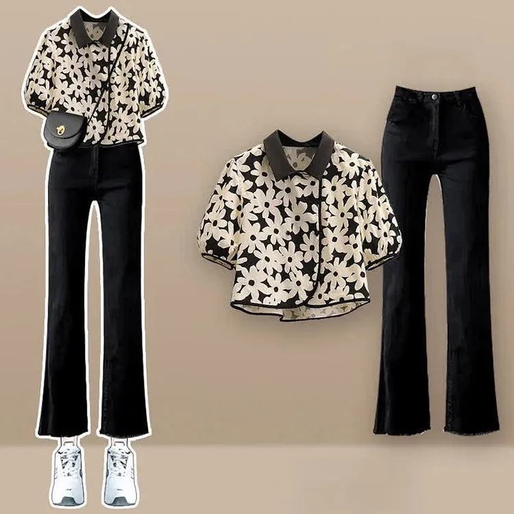 Chic Floral Print Shirt and Denim Pants Set