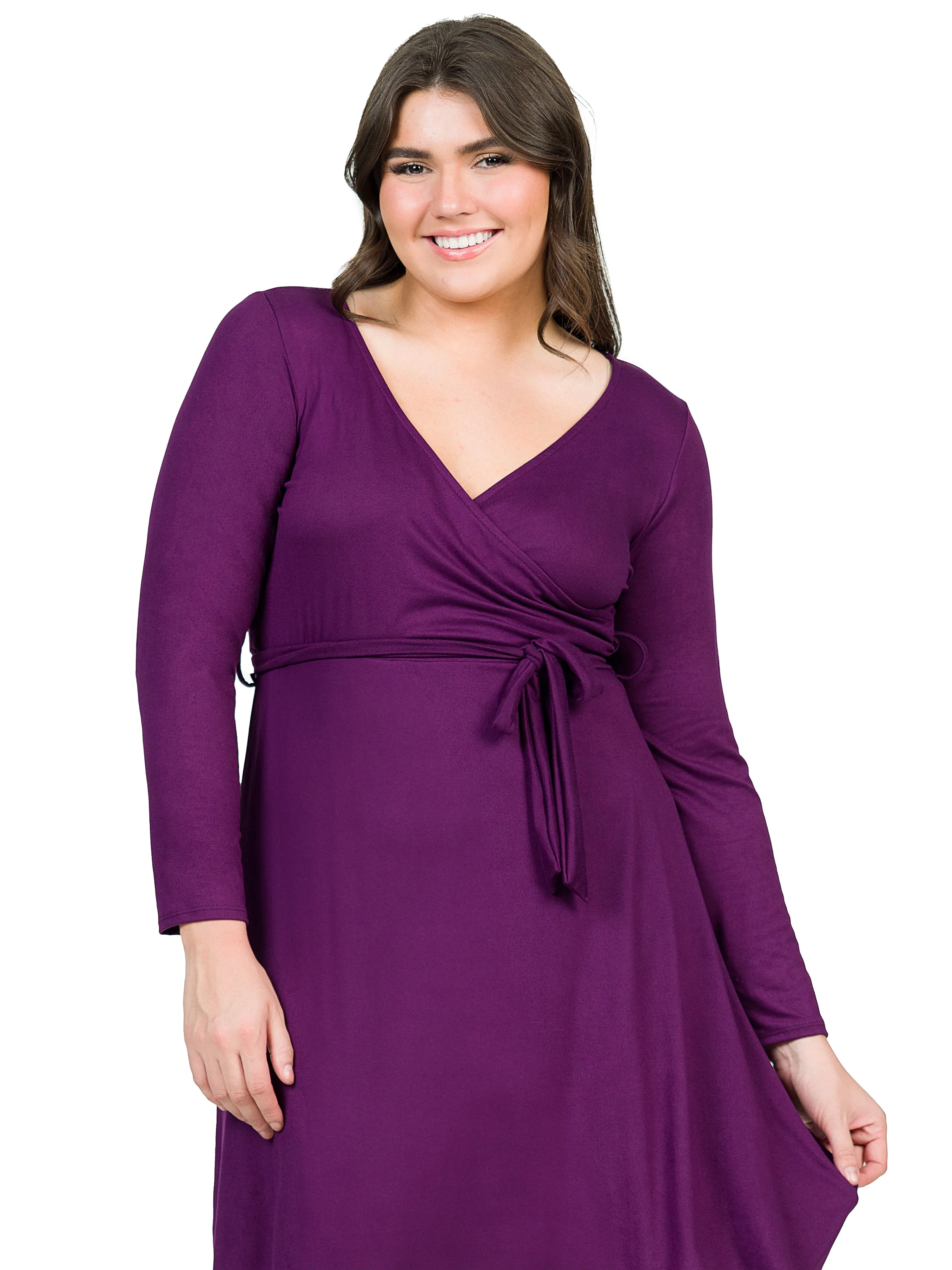 Chic V-Neck Long Sleeve Belted Plus Size Dress