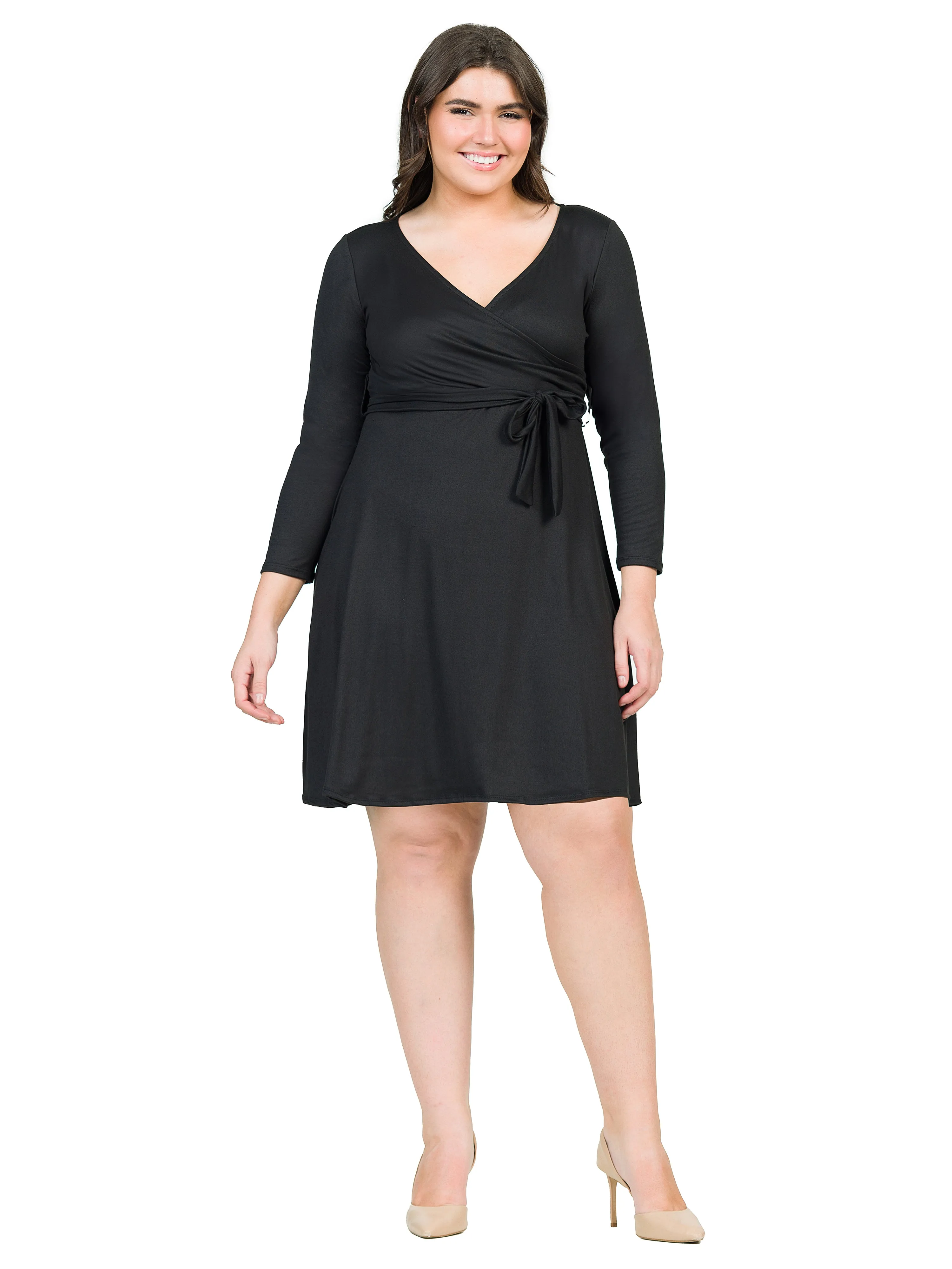 Chic V-Neck Long Sleeve Belted Plus Size Dress