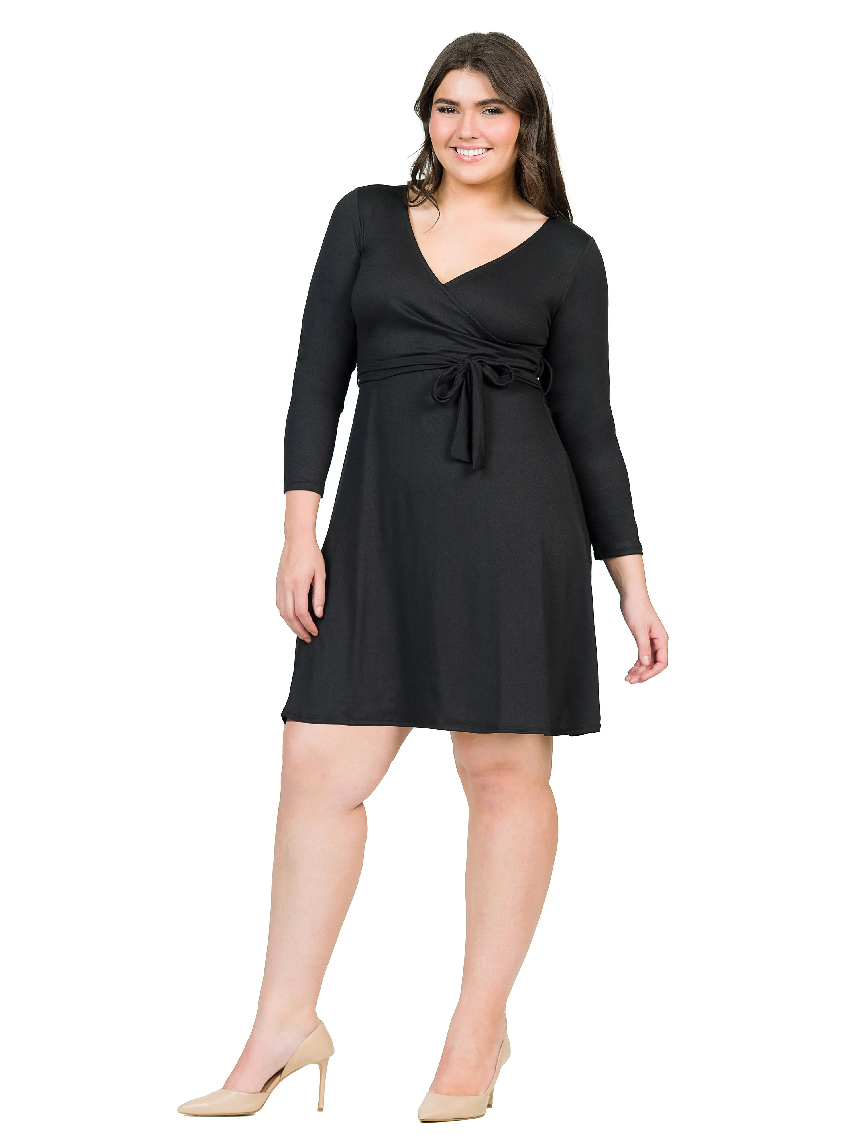 Chic V-Neck Long Sleeve Belted Plus Size Dress