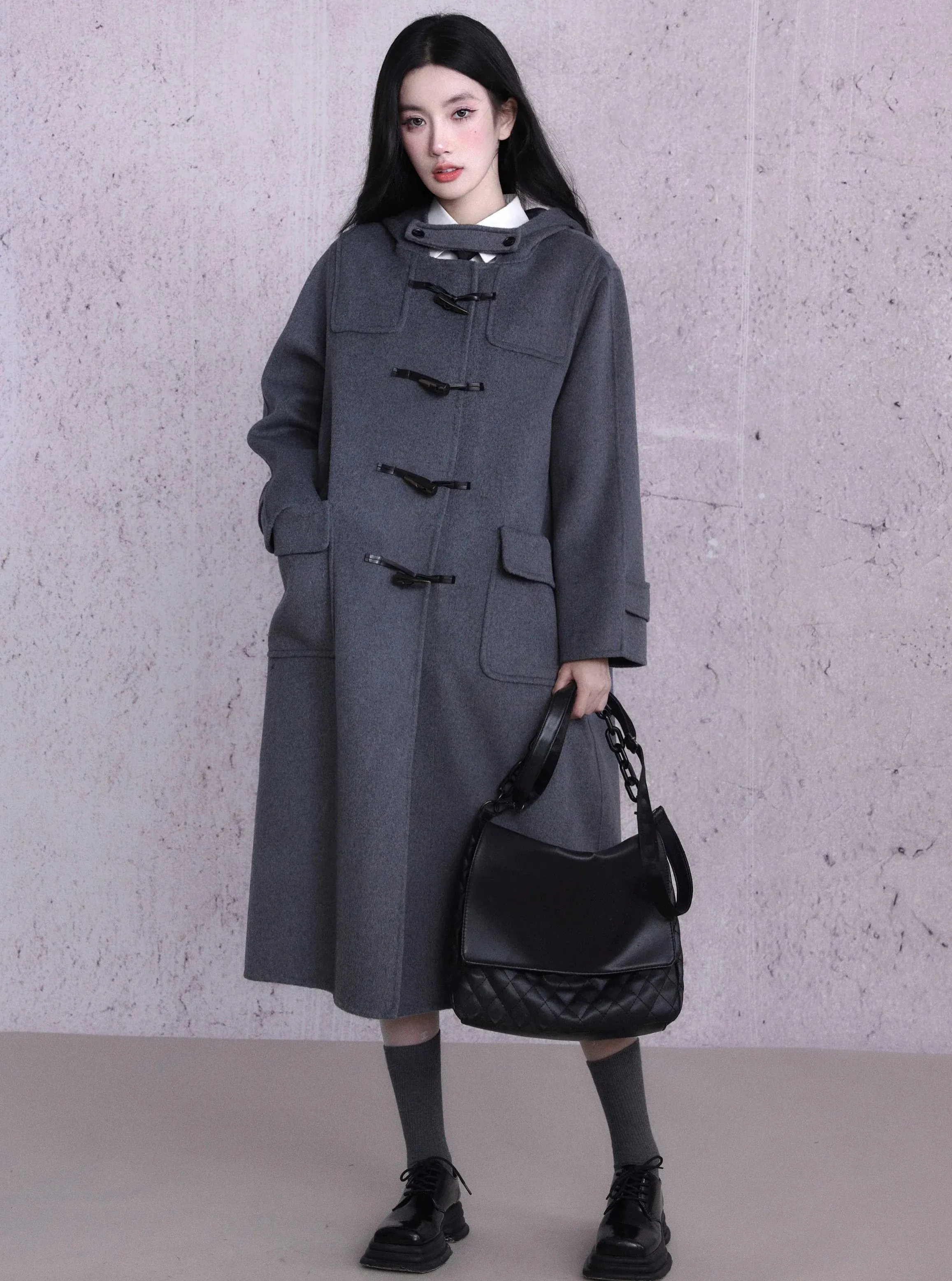 Classic Charcoal Duffle Coat - Long Wool Toggle Coat with Hood