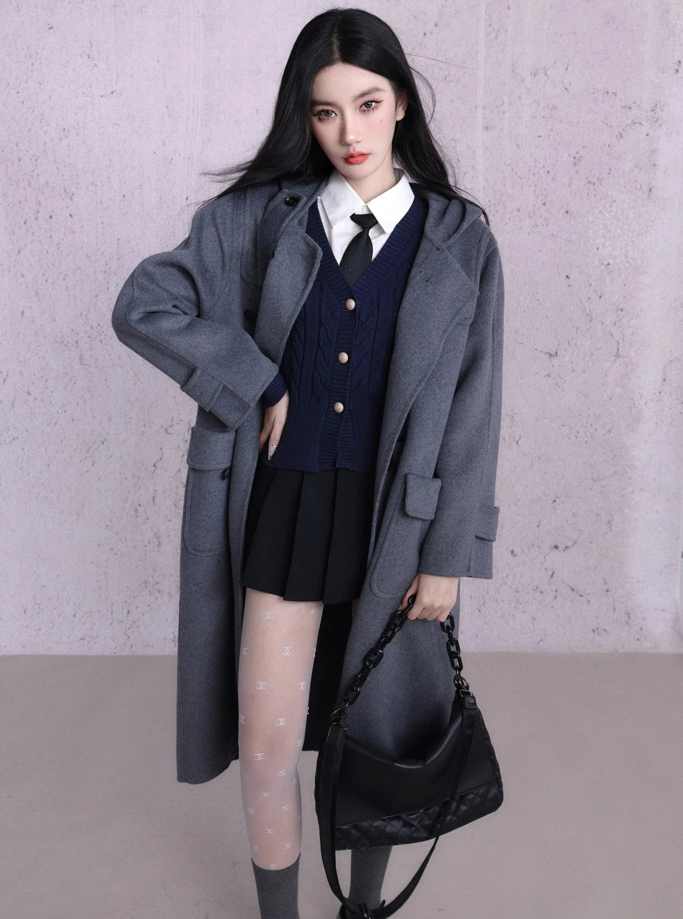 Classic Charcoal Duffle Coat - Long Wool Toggle Coat with Hood