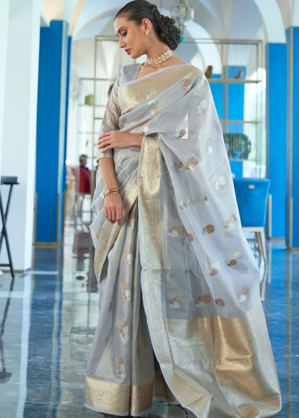 Cloudy Grey Zari Woven Organza Silk Saree