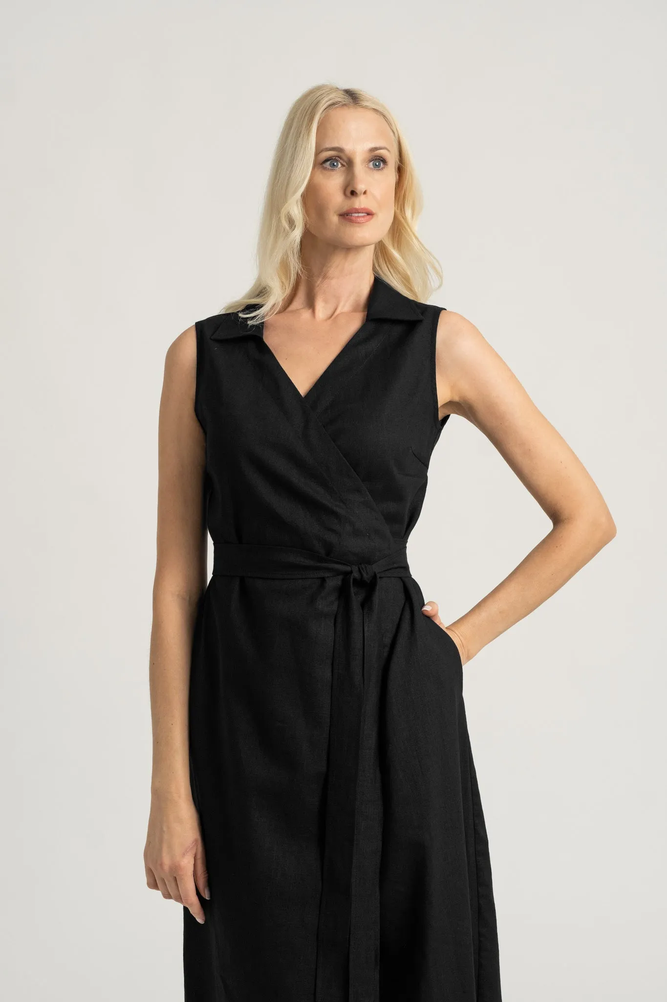 Cora Linen Wrap Dress Black