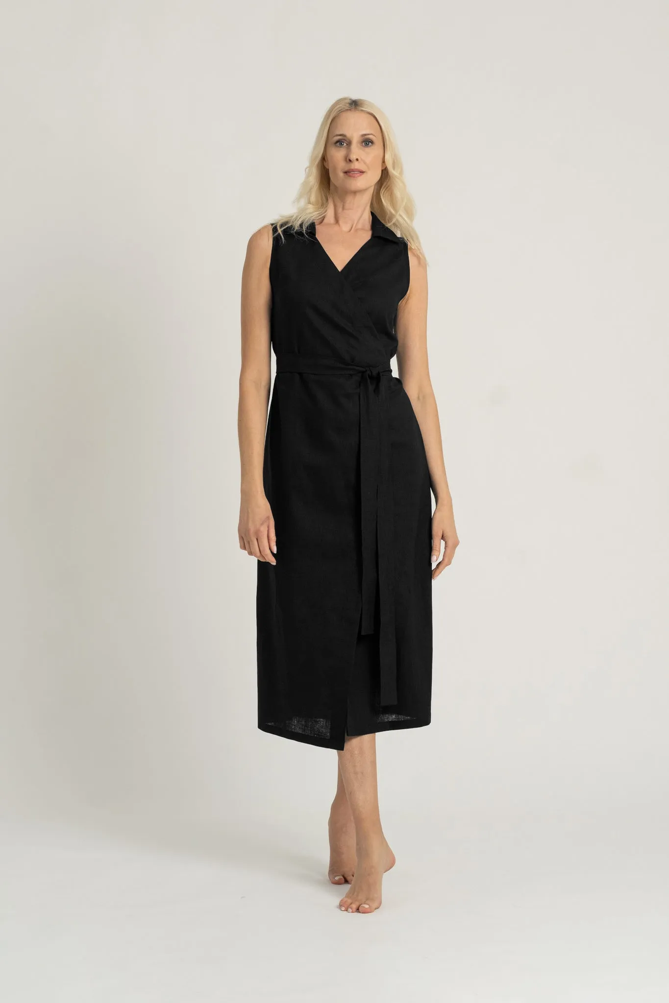 Cora Linen Wrap Dress Black