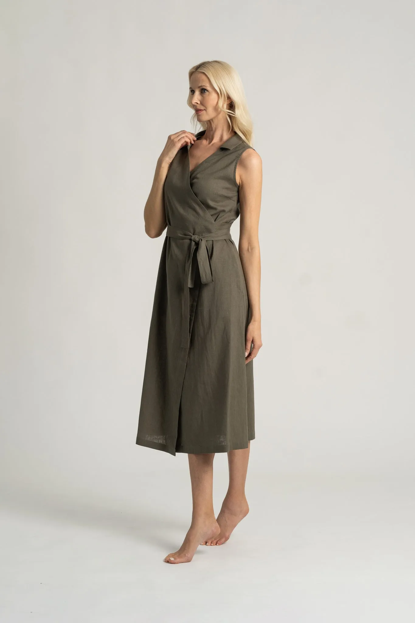 Cora Linen Wrap Dress Khaki