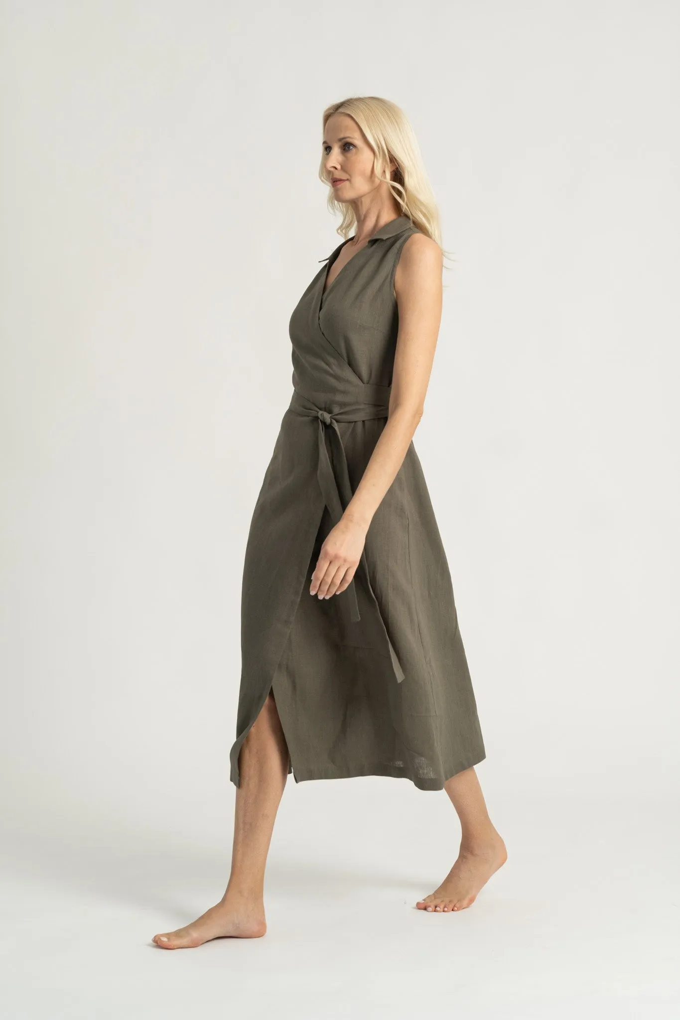 Cora Linen Wrap Dress Khaki