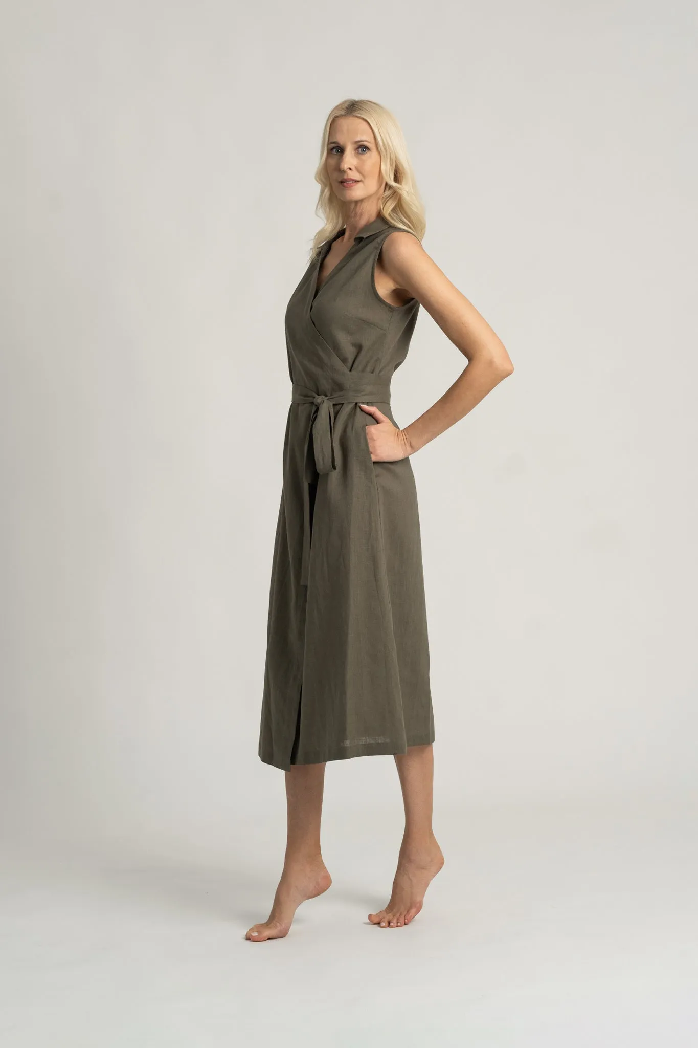 Cora Linen Wrap Dress Khaki