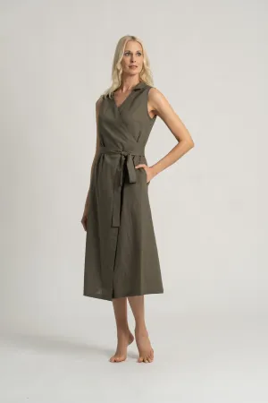 Cora Linen Wrap Dress Khaki