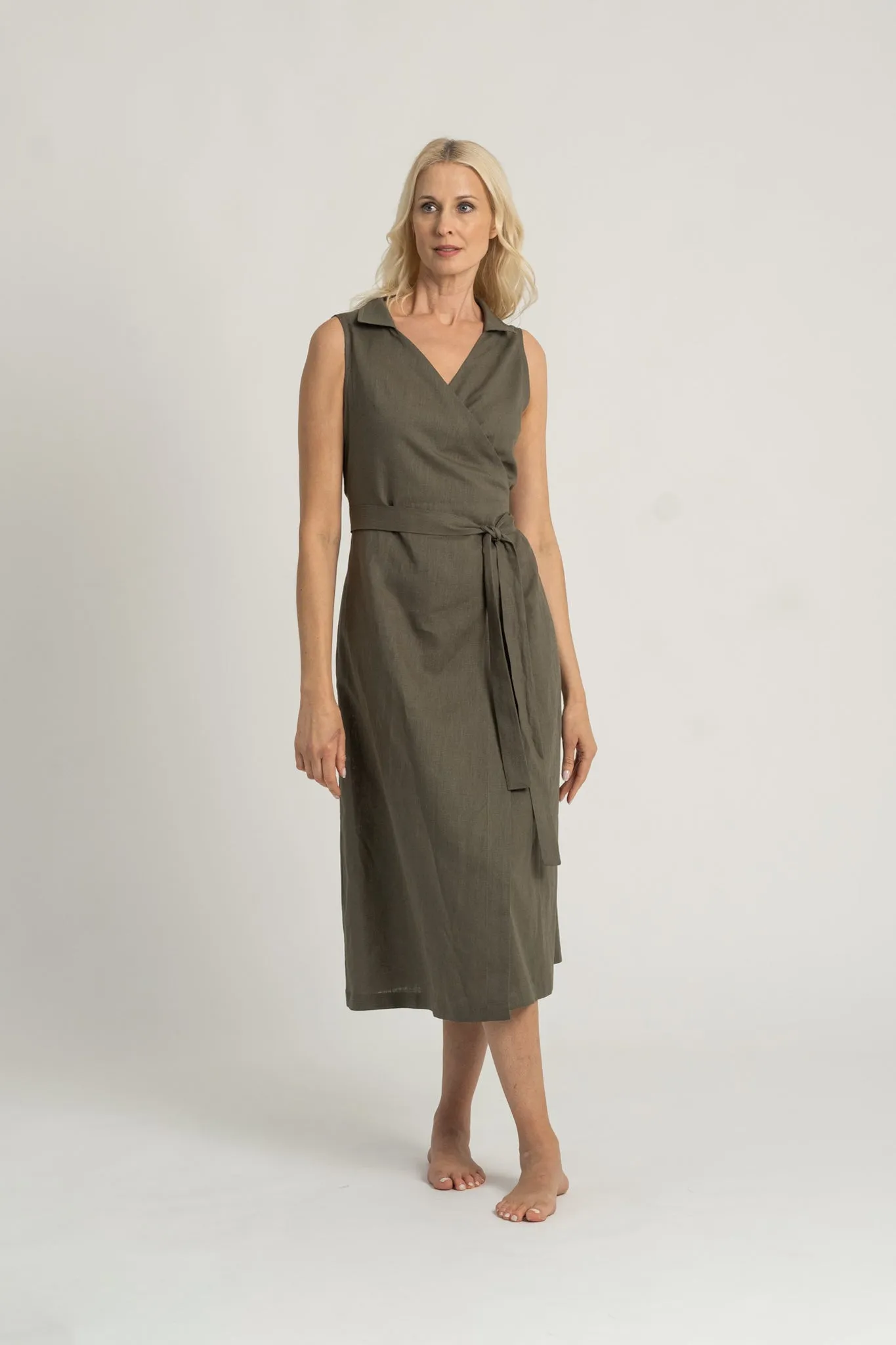 Cora Linen Wrap Dress Khaki