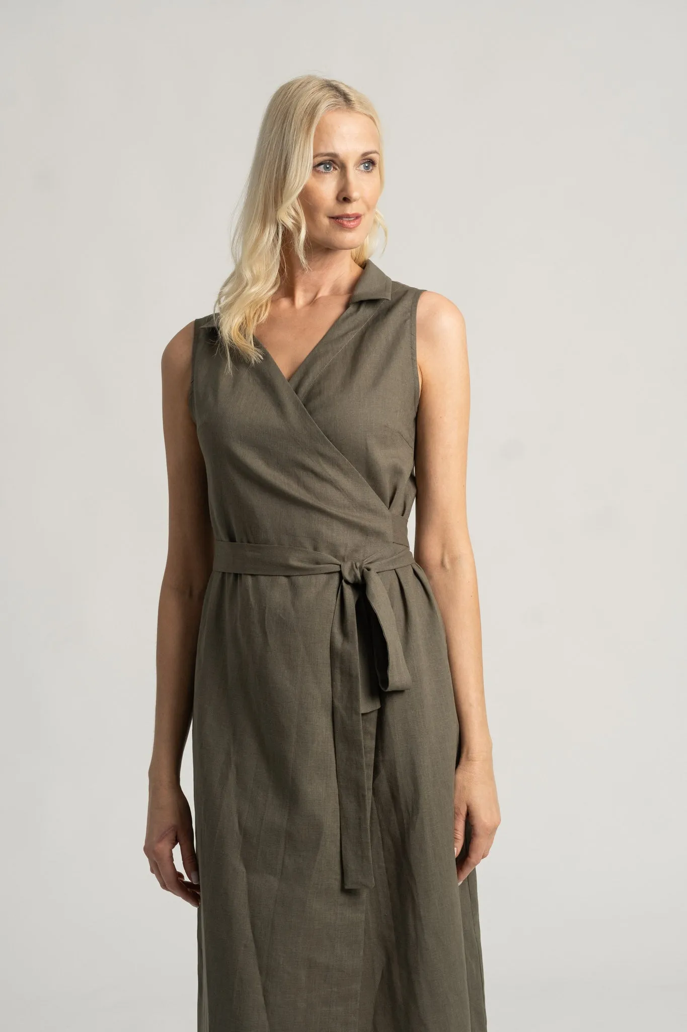 Cora Linen Wrap Dress Khaki