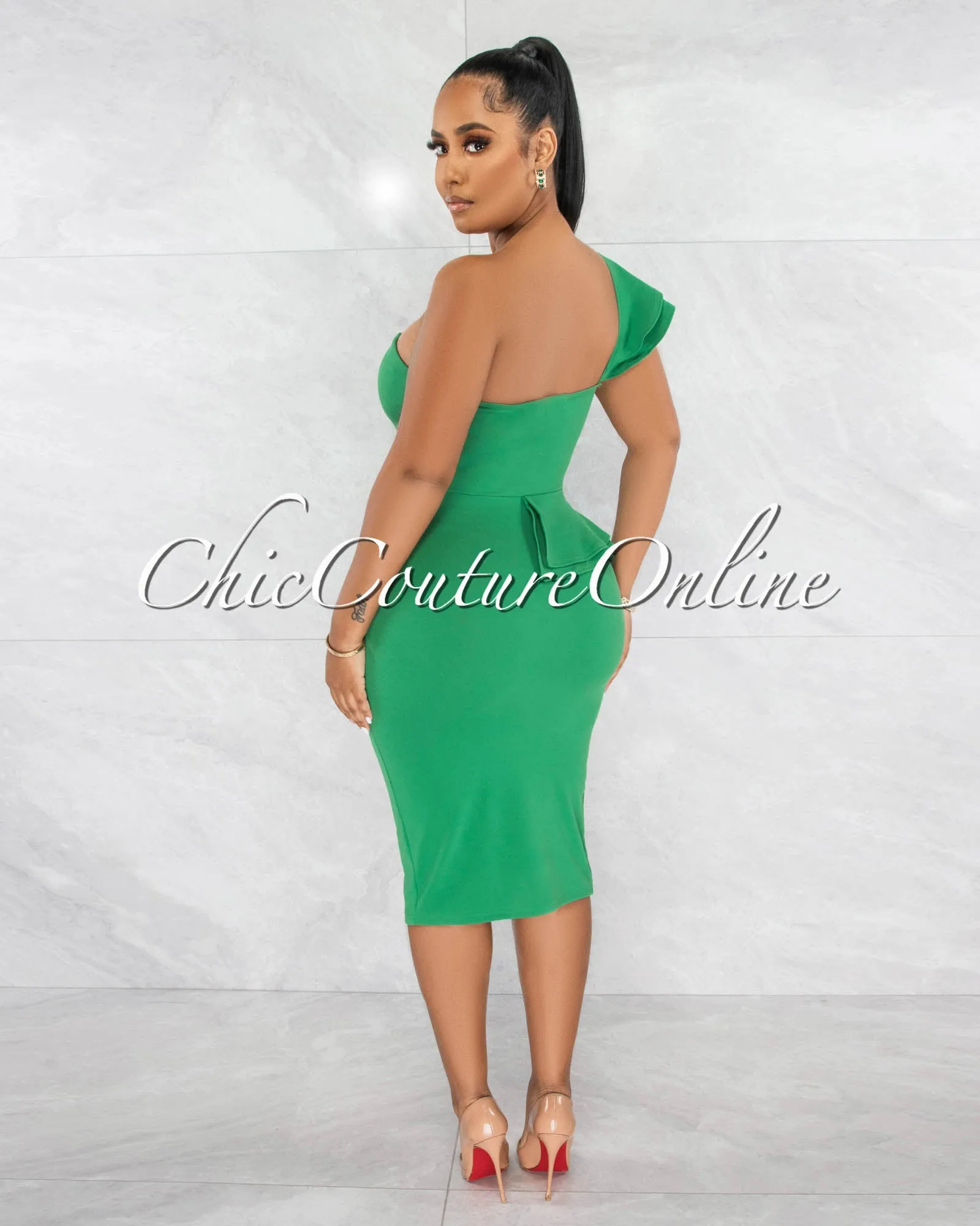 *Corin Green Single Shoulder Ruffle Midi Dress