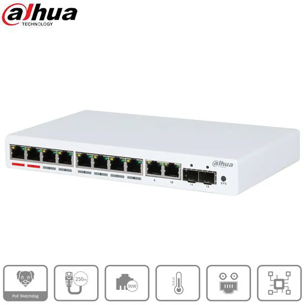 Dahua / PoE Ethernet Switch / 12-Port / 8-Port PoE / 250m PoE / Managed /  5 Year Warranty / DH-PFS4212-8GT-96