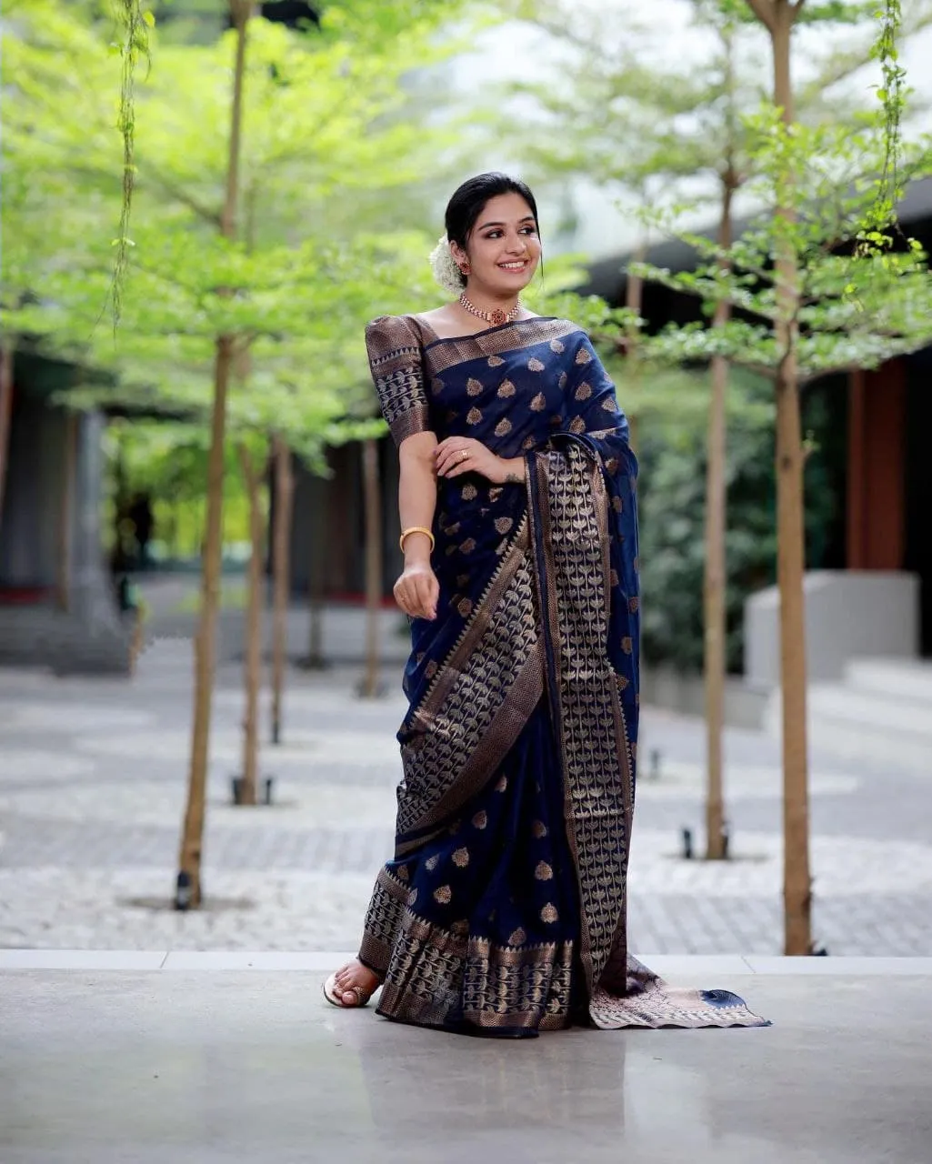 Dalliance Navy Blue Soft Banarasi Silk Saree With Glowing Blouse Piece