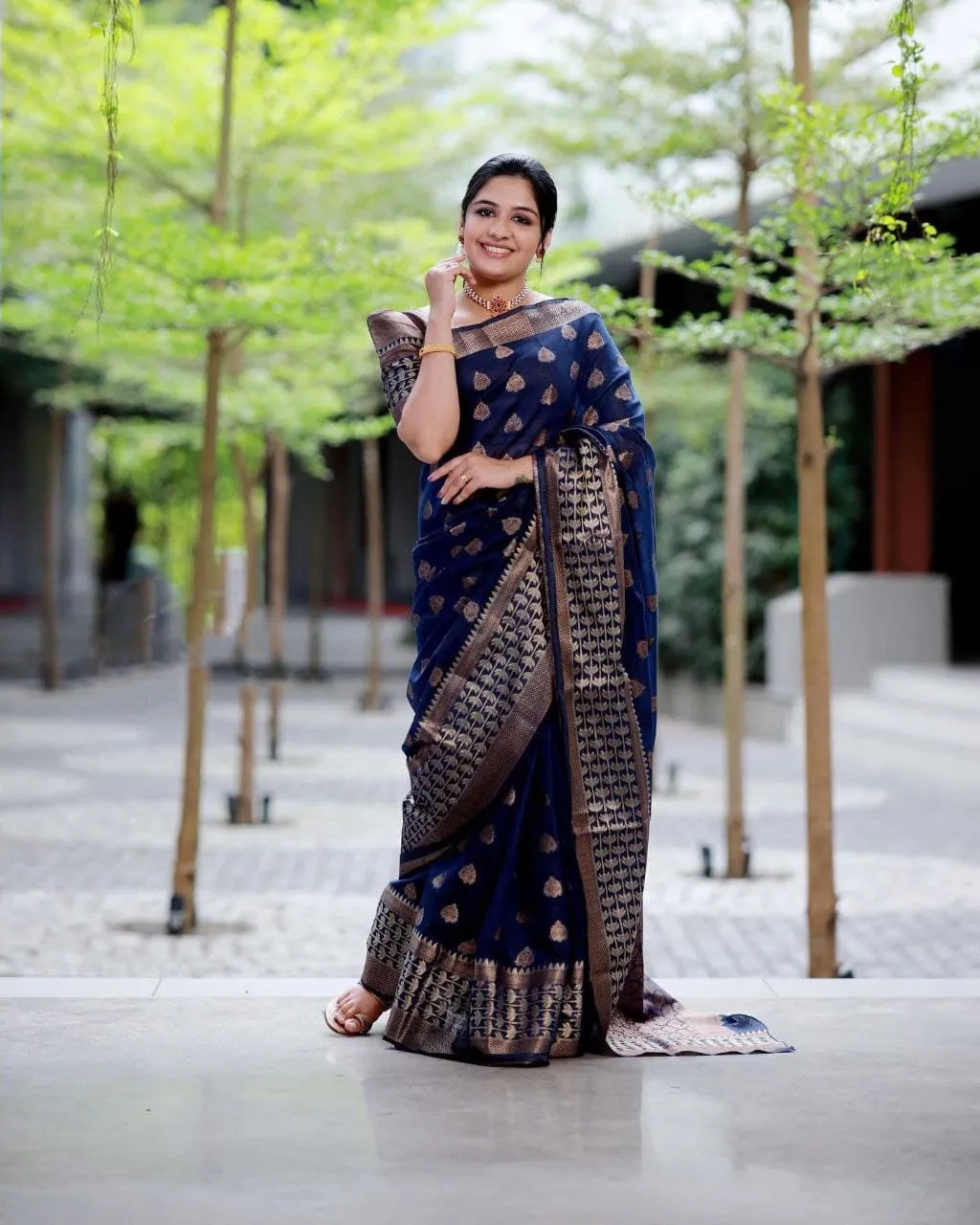 Dalliance Navy Blue Soft Banarasi Silk Saree With Glowing Blouse Piece