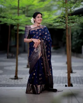 Dalliance Navy Blue Soft Banarasi Silk Saree With Glowing Blouse Piece