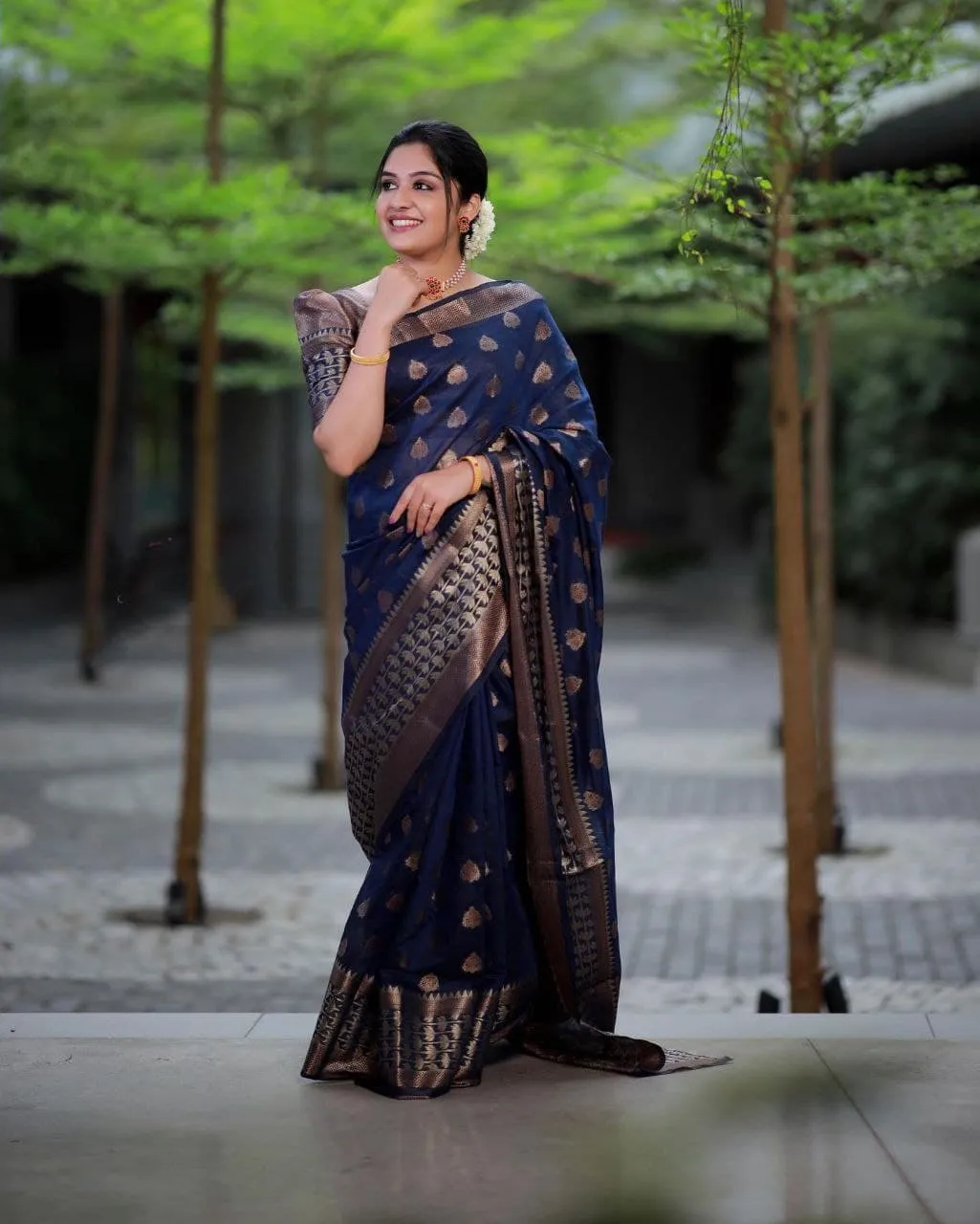 Dalliance Navy Blue Soft Banarasi Silk Saree With Glowing Blouse Piece