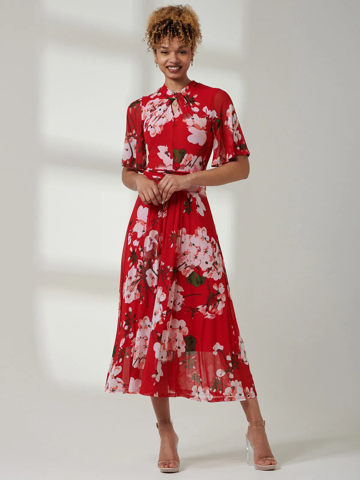 Danika Keyhole Neck Mesh Dress, Red Floral