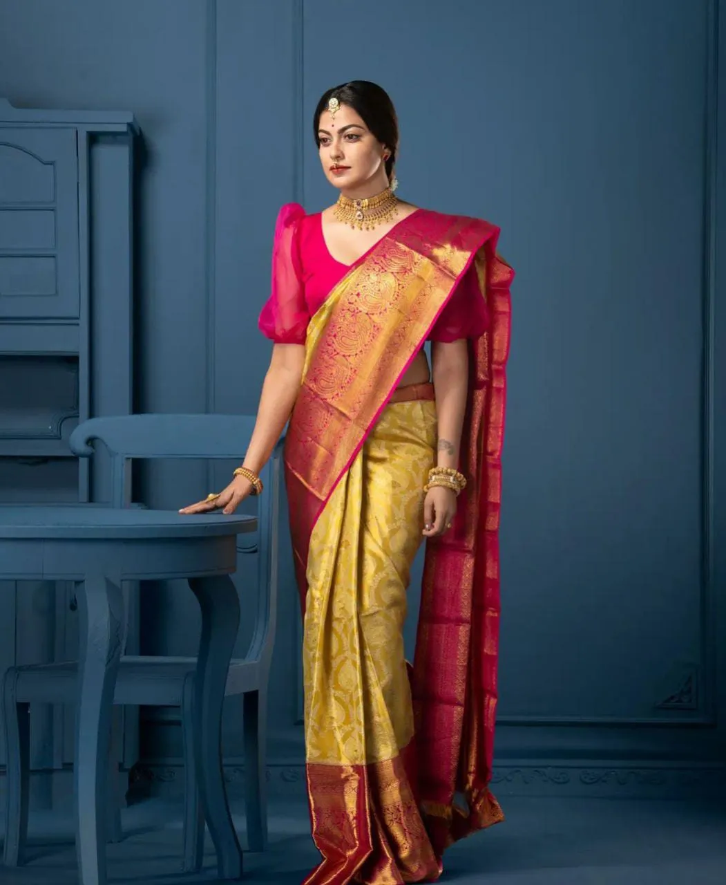 Denouement Yellow Soft Silk Saree With Glittering Blouse Piece