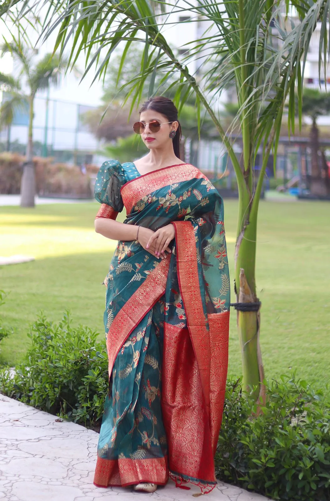 Devastating Rama Organza Silk Saree With Glowing Blouse Piece