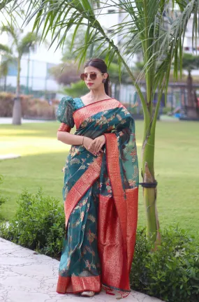 Devastating Rama Organza Silk Saree With Glowing Blouse Piece