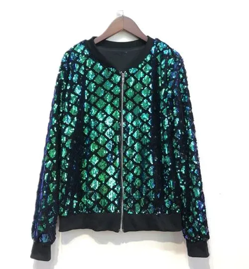 Diamond Design Sequin Bomber Jacket