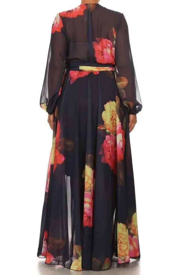 Dress Floral Chiffon Sheer Wrap Print Long Sleeve Wrap Sweep Pink