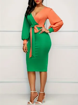 Elegant Knee-Length Bodycon Dress, Long Sleeve with Criss Cross Neckline and Belt, All-Season Women's Fashion