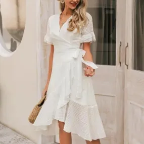 Elegant Ruffled Wrap V-Neck Plaid A-Line Boho Midi Dress