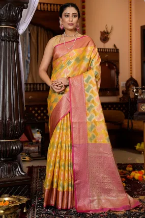 Entrancing Yellow Organza Silk Saree With Glittering Blouse Piece