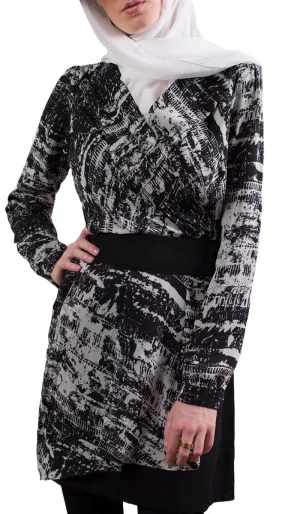 Fatima Chiffon Long Modest Tunic Dress - Black & White - FINAL SALE