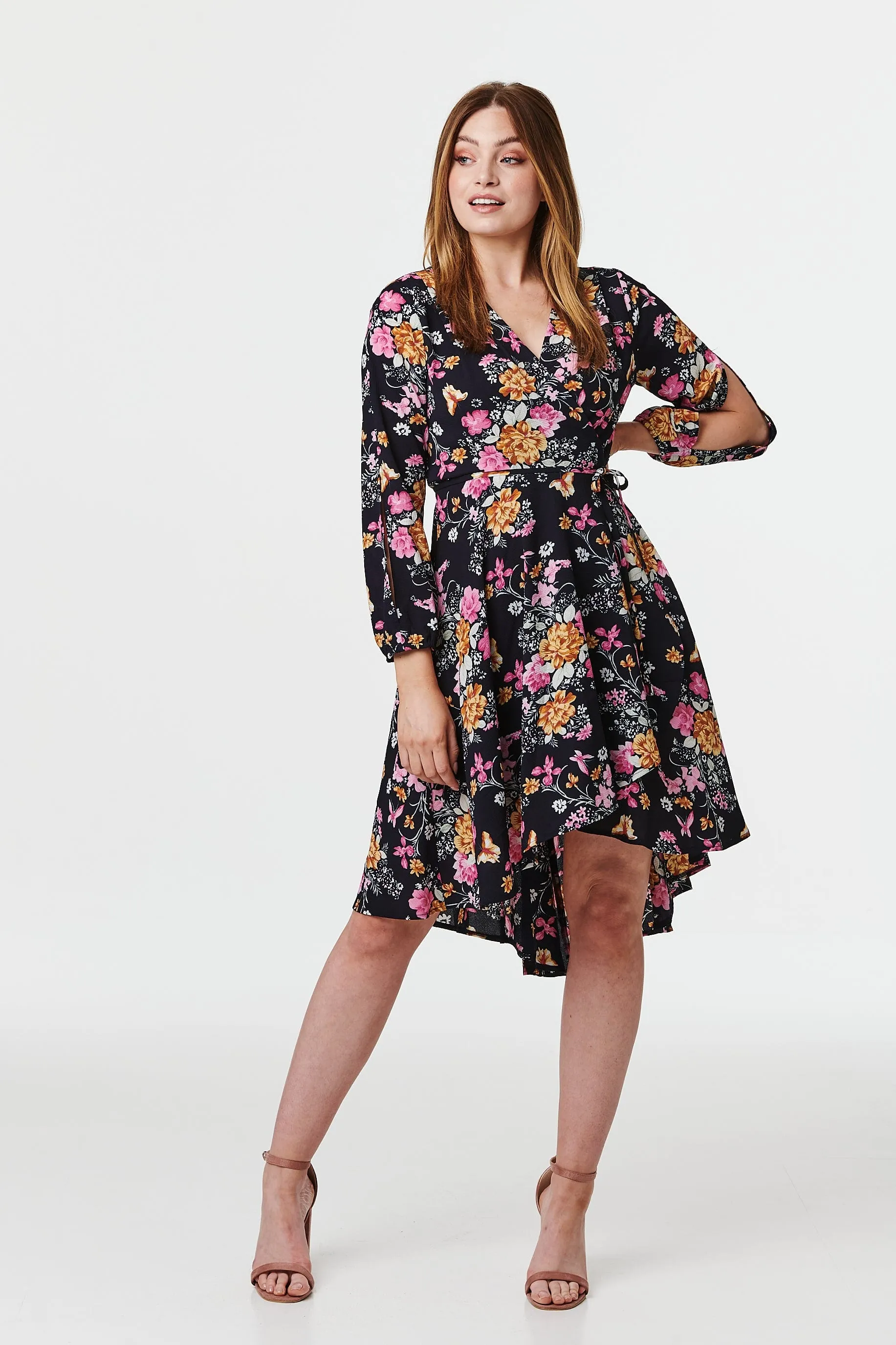 Floral Split Sleeve Wrap Dress