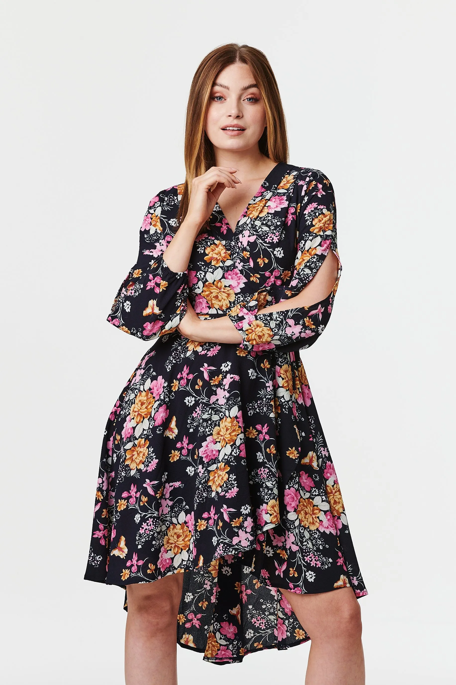 Floral Split Sleeve Wrap Dress