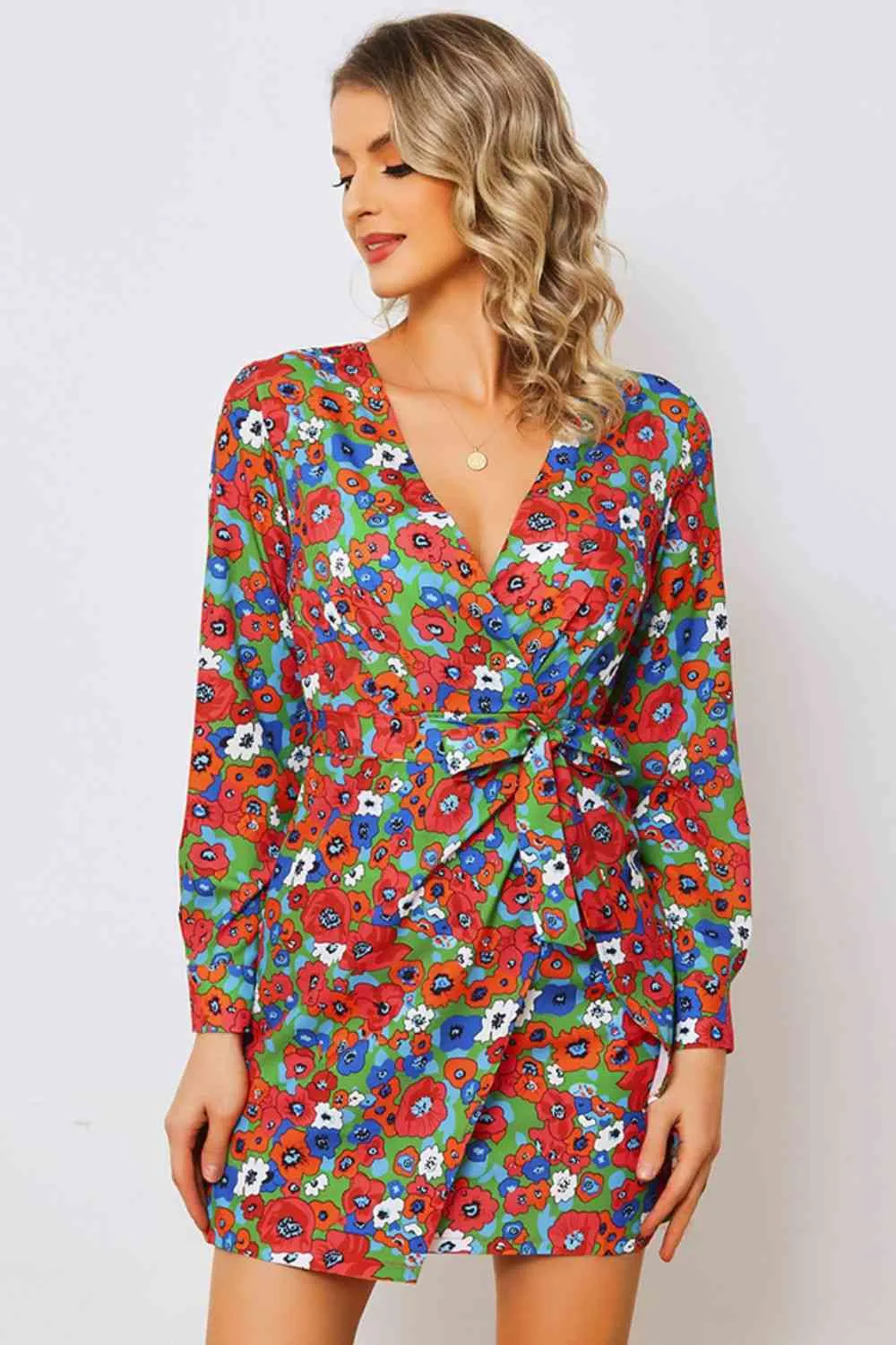 Floral Tied Long Sleeve Plunge Dress