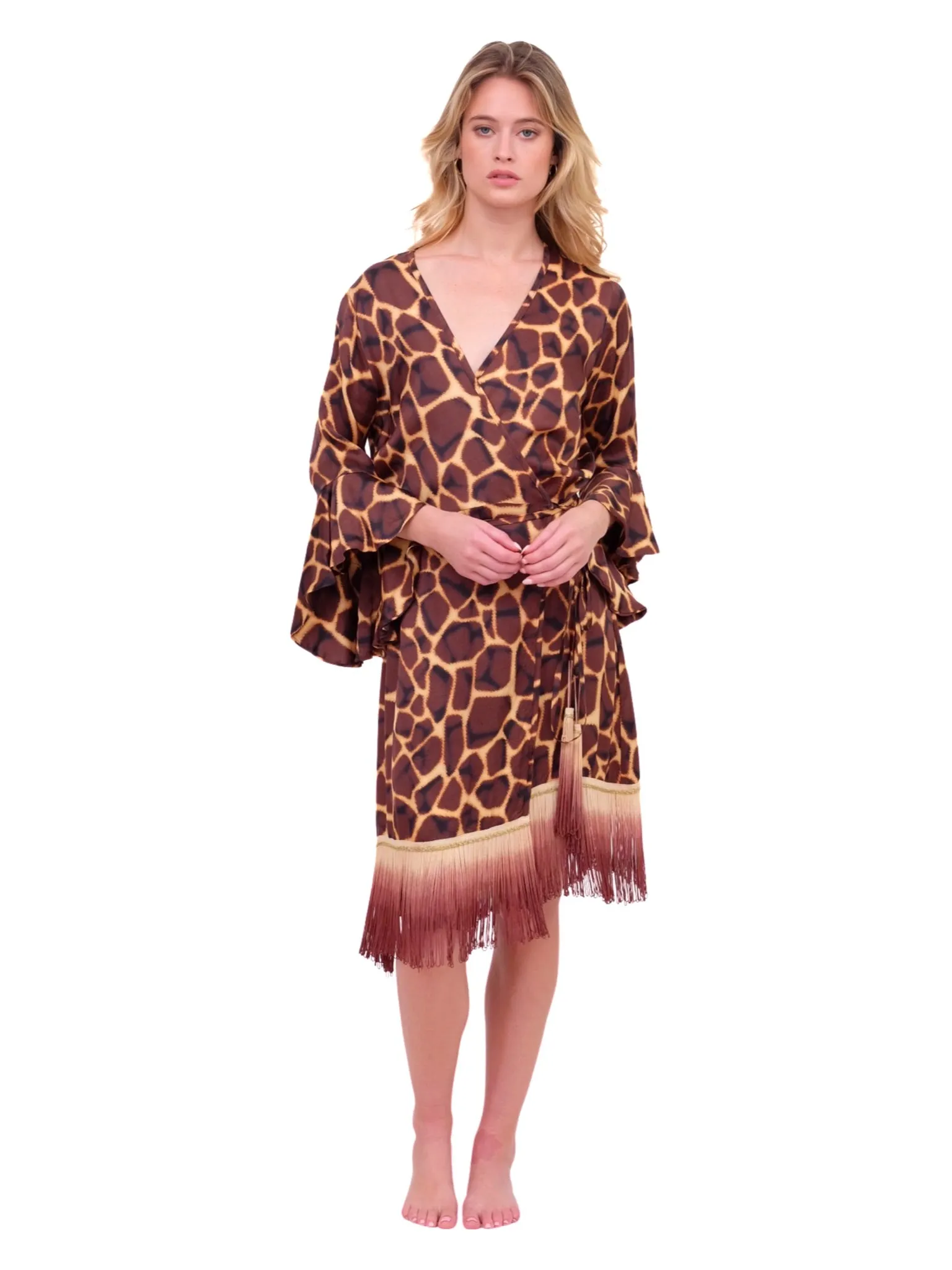 Giraffe Print Wrap Dress with Fringe