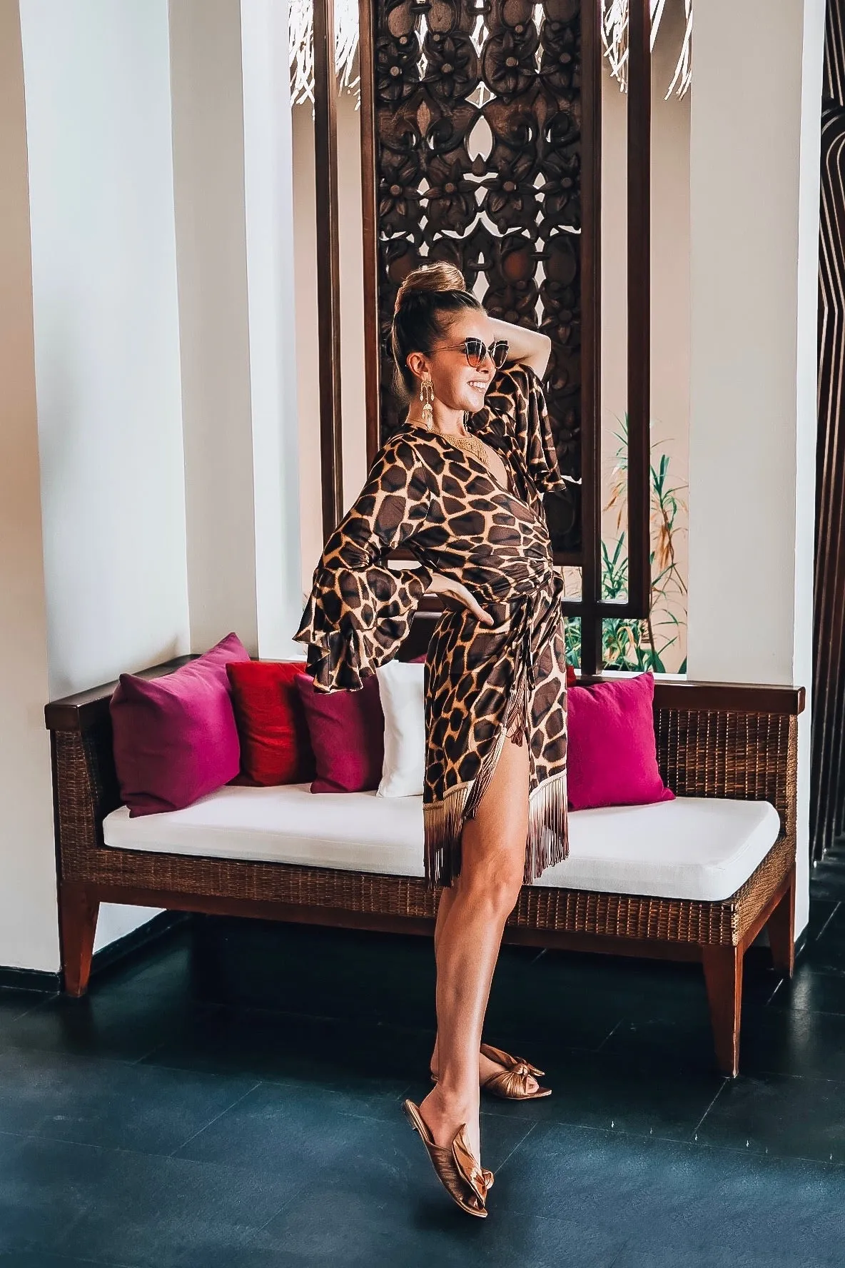 Giraffe Print Wrap Dress with Fringe