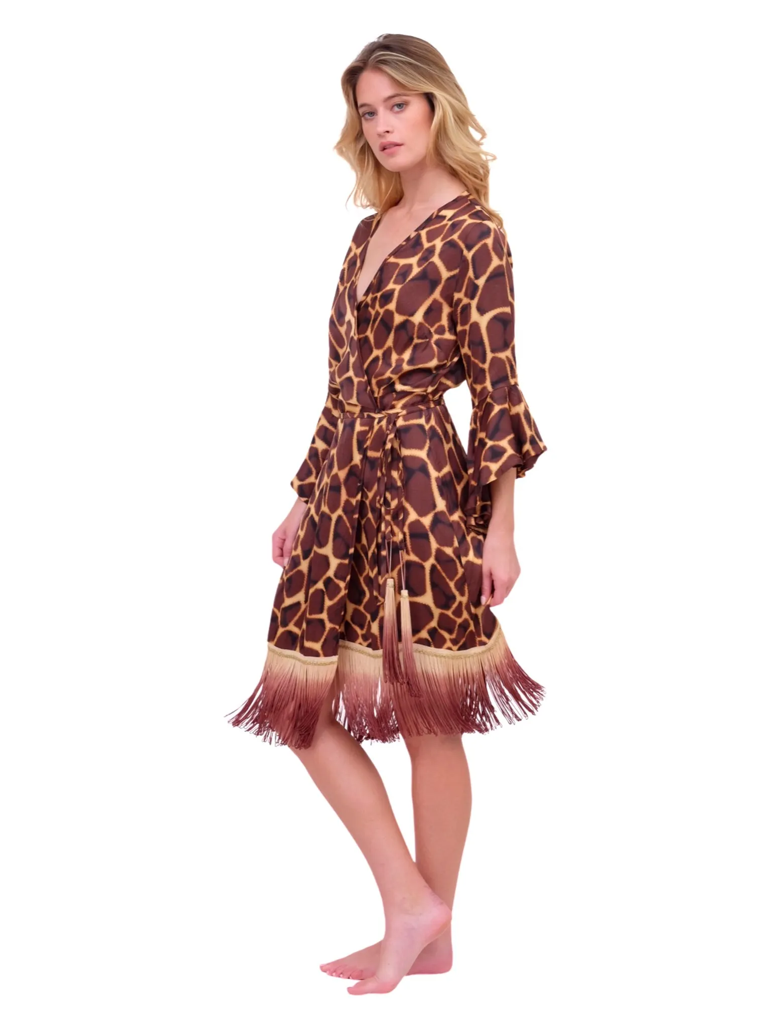 Giraffe Print Wrap Dress with Fringe