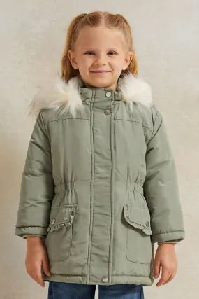 Girls Green Long Jacket Sherpa Hooded